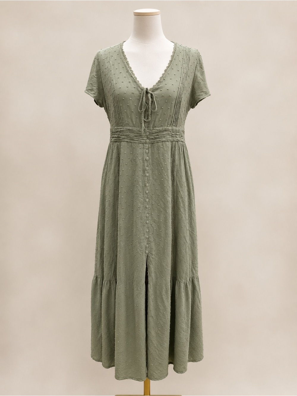 Lulu's Sage Green Swiss Dot Maxi Dress with Tie Neck
